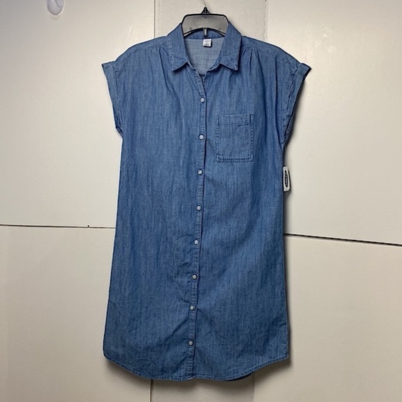 Old Navy Chambray Cuffed Cap-Sleeve Shirt Dress Medium Wash Blue Sz Small Petite - Picture 13 of 14